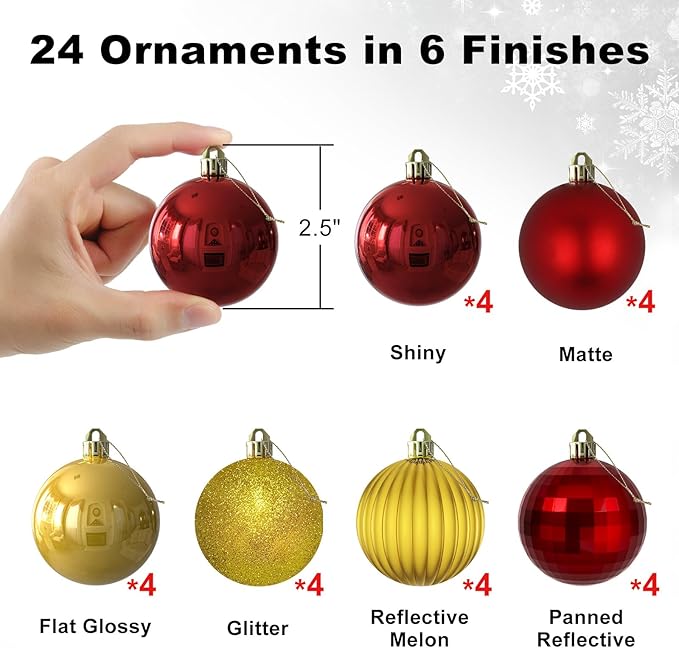 Red & Gold 2.5" Christmas Balls Christmas Tree Decoration Ornaments Shatterproof Hanging Balls for Birthday Halloween Holiday Wedding Decorations Set of 24pcs