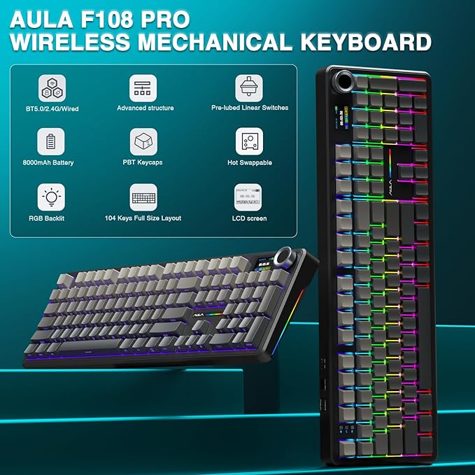 AULA F108 PRO - Wireless Mechanical Keyboard with Screen & Knob,Full Size Keyboard with 8000mAh Battery,Pre-lubed Switches,Side Printed PBT Keycaps,RGB Backlit Hot Swappable Custom Gaming Keyboards