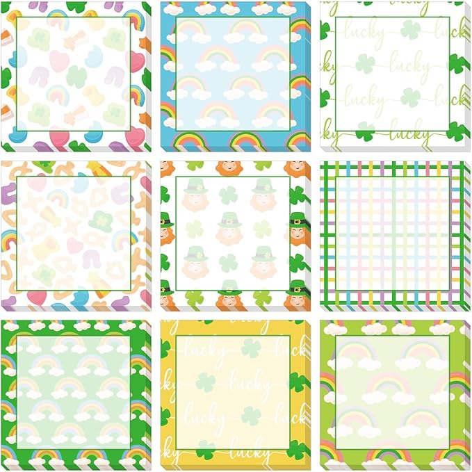 9 Pieces St. Patrick's Sticky Notes Shamrock Sticky Notes Self-Adhesive St. Patrick's Sticky Note Pads Sticky for School Office Home Supplies Students Teachers Presents