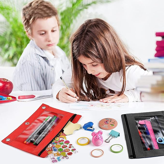 Pencil Pouch 3 Ring, Zipper Pencil Pouches Case Binder Cosmetic Bag Black 2 Pack