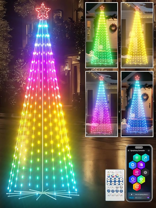 9ft Smart Outdoor Lighted Christmas Tree with Sturdy Iron Base, 16 Mil Color Changing, Music Sync, Timer, Group Control, RGB Led Christmas Decorations for Indoor Outdoor