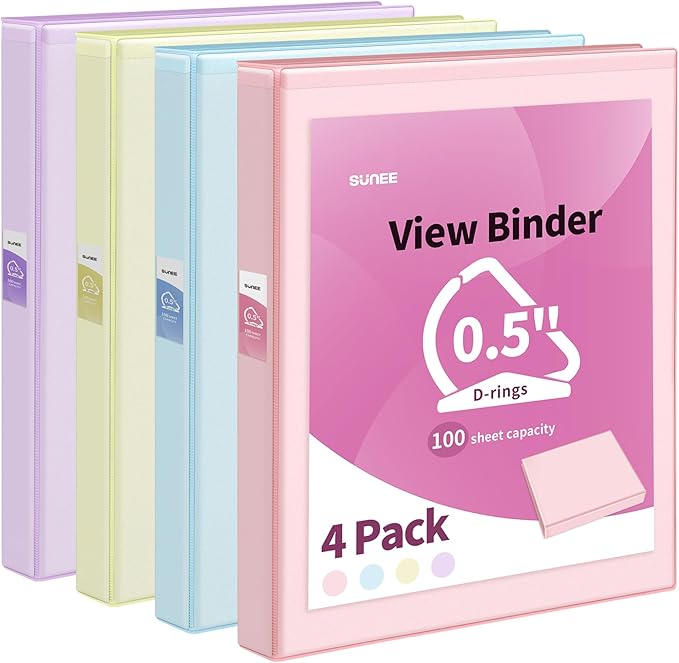 SUNEE 3 Ring Binder 0.5 Inch D Ring, Clear View Binder Three Ring PVC-Free (Fit 8.5x11 Inches) for School or Office Supplies, Assorted Pastel, 4 Pack