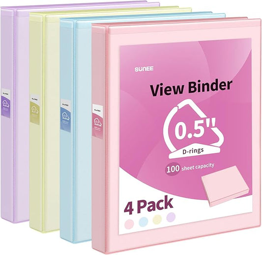 SUNEE 3 Ring Binder 0.5 Inch D Ring, Clear View Binder Three Ring PVC-Free (Fit 8.5x11 Inches) for School or Office Supplies, Assorted Pastel, 4 Pack