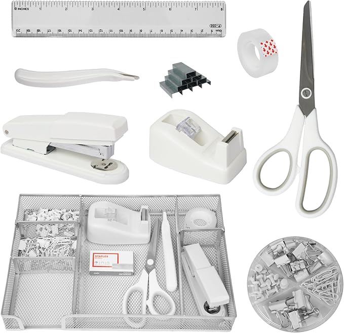 Office Desk Accessories, Desk Organizers and Accessories, Stapler and Tape Dispenser Set Metal Storage Box,Stapler,Staple Remover,Paper Clips,Ruler,Scissors.Suitable for Office and Study Use,White