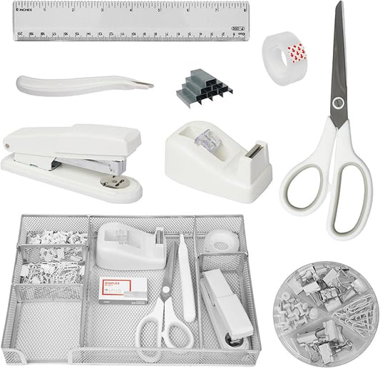 Office Desk Accessories, Desk Organizers and Accessories, Stapler and Tape Dispenser Set Metal Storage Box,Stapler,Staple Remover,Paper Clips,Ruler,Scissors.Suitable for Office and Study Use,White