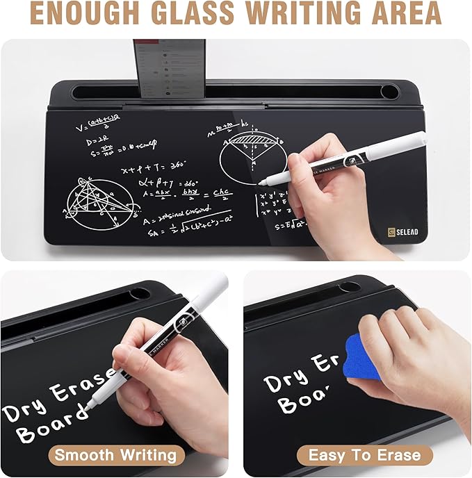 SELEAD Desktop Glass Whiteboard with Organizer, Markers, Eraser - Dry Erase Board Computer Pad Keyboard Stand with Drawer and Holder for Home, School, Office - Black