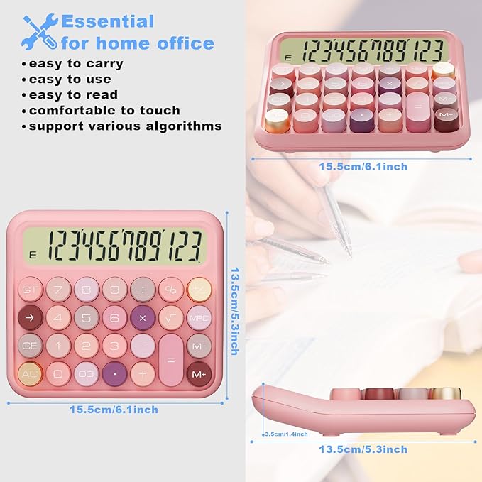 Mechanical Calculator 12 Digit Extra Large 5-Inch LCD Display, DECKLIT Battery Desk Calculator, Big Buttons Easy to Press Use as Office Calculators Desktop, 15°Tilt Screen for Kids Calculator(Rose)