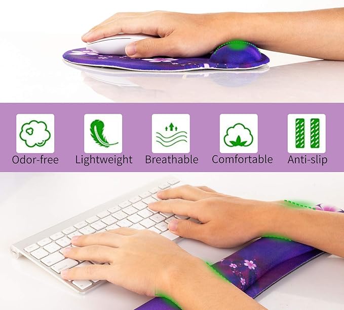 Ergonomic Keyboard Mouse Pad Wrist Rest Support Set for Laptop/Computer/Desktop,Memory Foam Hand Rest Wrist Cushion for Gaming/Office,Lightweight Comfortable & Pain Relief (Purple, Flower)