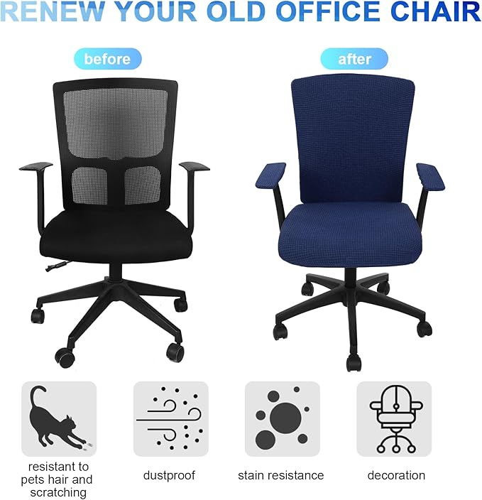 Tallew 4 Pcs Office Chair Covers Set Computer Universal Protective Stretchable Chair Seat Covers Desk Armrest Slipcovers Pads Office Cushion Backrest for Rotating(Navy)