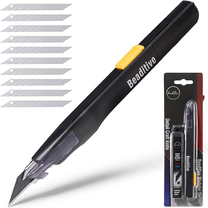 Beaditive High Precision Detail Craft Knife with 10 Blades - 30 Degree Blade Utility Knife - Art, Craft, Model Making (1 Black Knife, 10 Black Blades)