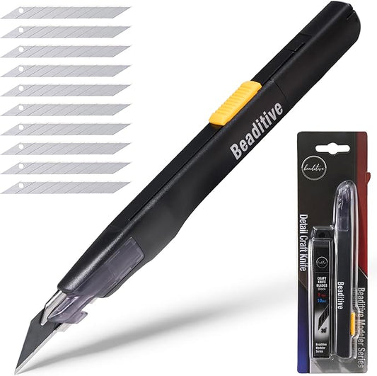 Beaditive High Precision Detail Craft Knife with 10 Blades - 30 Degree Blade Utility Knife - Art, Craft, Model Making (1 Black Knife, 10 Black Blades)