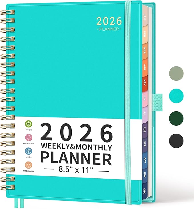 RETTACY 2026 Planner, Weekly and Monthly, Large Size (8.5" x 11"), Jan - Dec 2026, Agenda, Calendar, 12 Month Tabs, Flexible Plastic Cover, 100 GSM Thick Paper, Spiral-bound (Tiffani Blue)