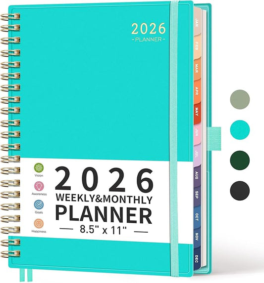 RETTACY 2026 Planner, Weekly and Monthly, Large Size (8.5" x 11"), Jan - Dec 2026, Agenda, Calendar, 12 Month Tabs, Flexible Plastic Cover, 100 GSM Thick Paper, Spiral-bound (Tiffani Blue)