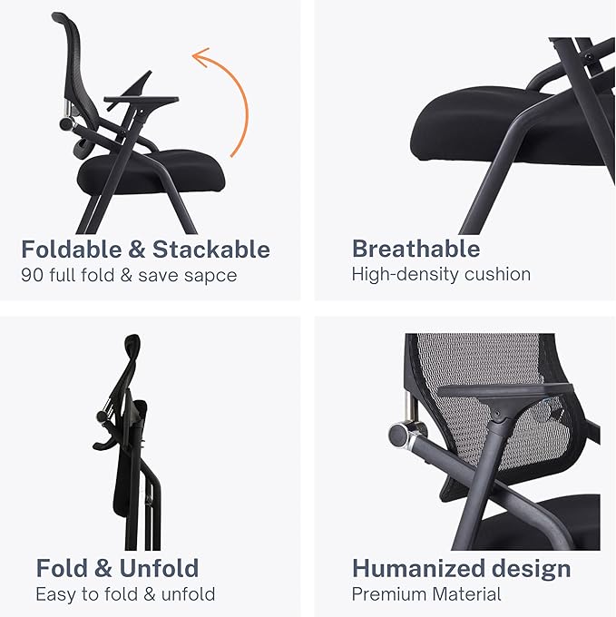 Updated Conference Room Chairs, Folding Office Desk Chair with Lumbar Support and Sliding Armrest with Casters, Stackable Office Guest Chairs & Reception Chairs, 1 Pack Black