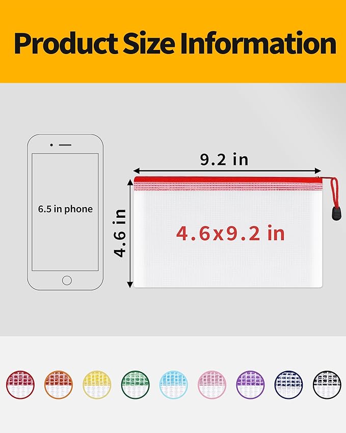 SUNEE Plastic Mesh Zipper Pouch 4.6x9.2 in (9 Colors, 18 Packs), Plastic Pencil Pouches, Multipurpose Travel Bags, for Office Supplies Bills Cosmetics Travel Accessories& Games Organizing Storage