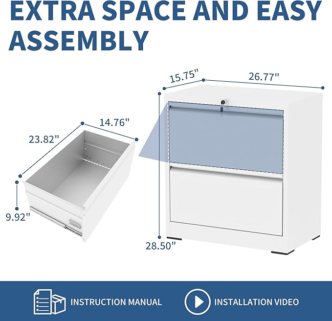 2 Drawer File Cabinet with Lock, White Metal Lateral Filing Cabinets for Home Office, Heavy Duty Steel Horizontal Locking Storage Cabinet for Legal/Letter/A4 Size File, Assembly Required