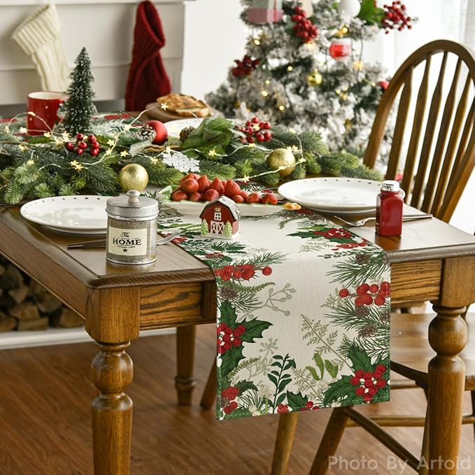 Artoid Mode Holly Pine Cone Christmas Table Runner, Seasonal Winter Kitchen Dining Table Decoration for Home Party Decor 13x120 Inch