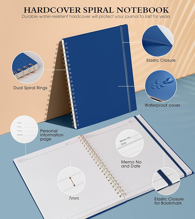 Spiral Notebook Journal 8.5” x 11”, A4 Large Notebooks for Women Men, College Ruled Lined Journal, 100 GSM Paper, Plastic Hardcover Spiral Bound Journals for Work School Note Taking Business, Navy