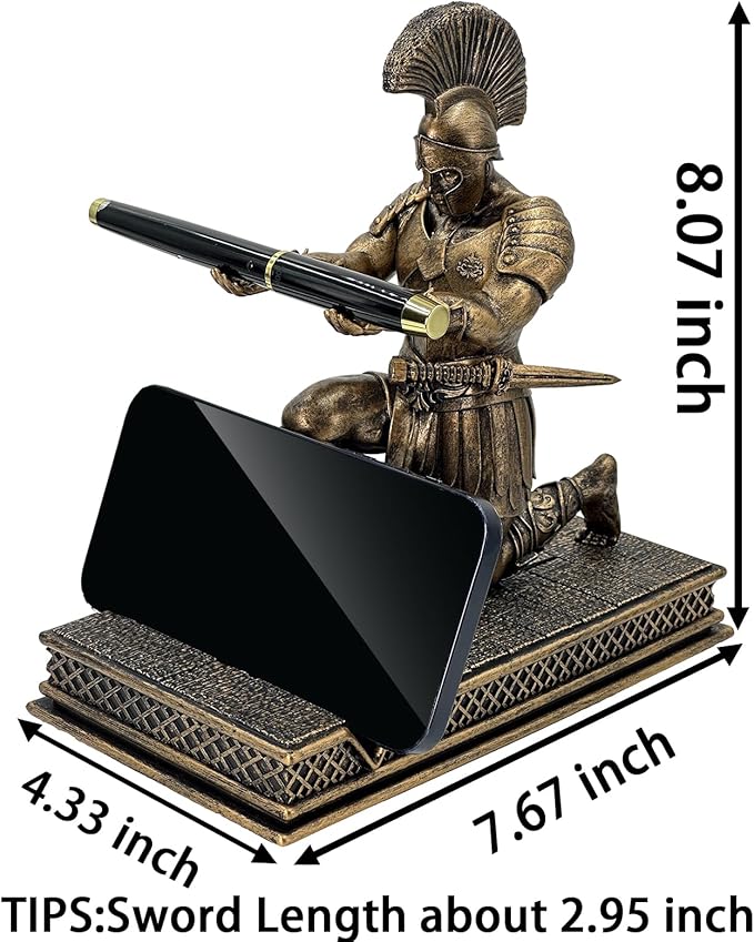 Roman Warrior Pen Holder knight Desktop Organizer and Accessories Resin Pen Holder as Gift with Short Swordfor Office and Home (Antique Bronze)