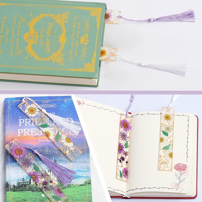 Bookmarks for Women, Kaluofan 2PCS Book Markers for Reading, Durable Handmade Dried Flower Bookmarks with Tassels, Pretty and Increase Reading Interest