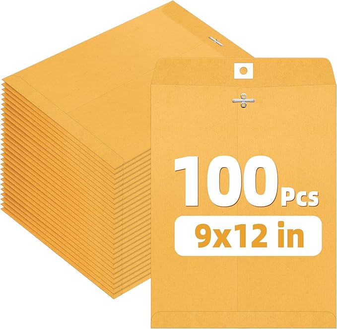 SUNEE 9x12 Clasp Envelopes 100 Count - 9x12 Inch Brown Kraft Envelopes with Clasp Closure – for Home, Office, Business, Legal or School, Great for Filing, Storing or Mailing Documents