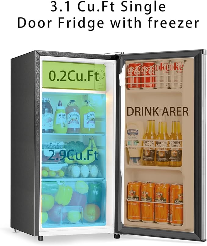 Seaoola Mini Fridge with Freezer, Single Door 3.1 Cu.Ft, Compact Mini Refrigerator, LED Light, Adjustable Thermostat, Removable Glass Shelves, Small Refrigerator for Dorm/Office/Bedroom(Sliver)