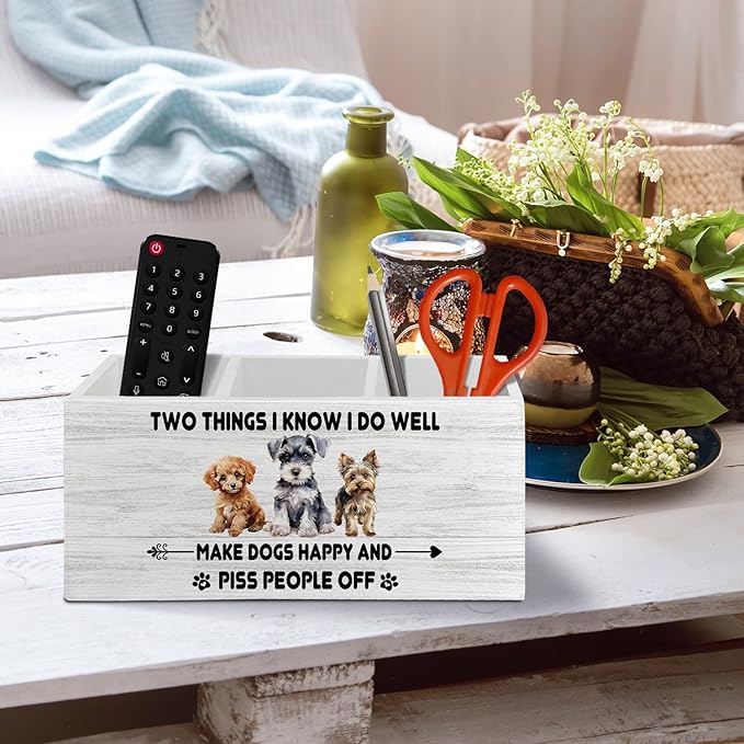 Funny Dog Pen Pencil Holder Organizer for Desk Accessories, Dog Mom Dad Lovers Owner Gifts for Women Men, Pet Lover Gifts Wooden Box Sign Desk Decor for Home Office Decoration