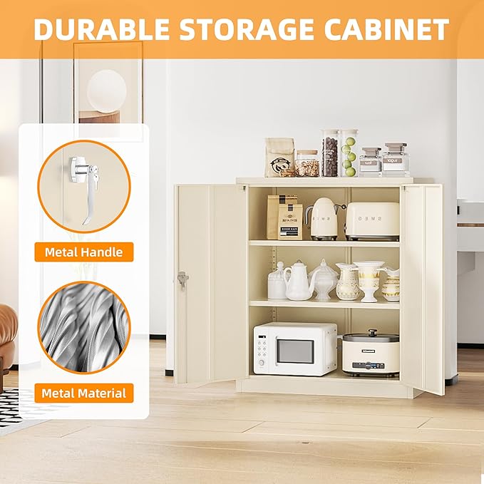 INTERGREAT Metal Cabinet with Lock, Lockable Metal Storage Cabinets with Doors and Shelves for Garage, Cream Grey Locking Garage Storage Cabinets 36"×32"×16"