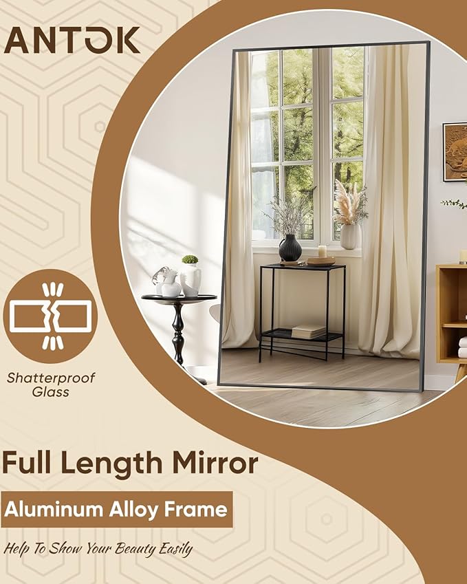 Antok Full Length Mirror, 76"x44" Floor Mirror, Floor Standing Freestanding Full Body Mirror with Stand for Bedroom, Hanging Mounted for Living Room Cloakroom, Black