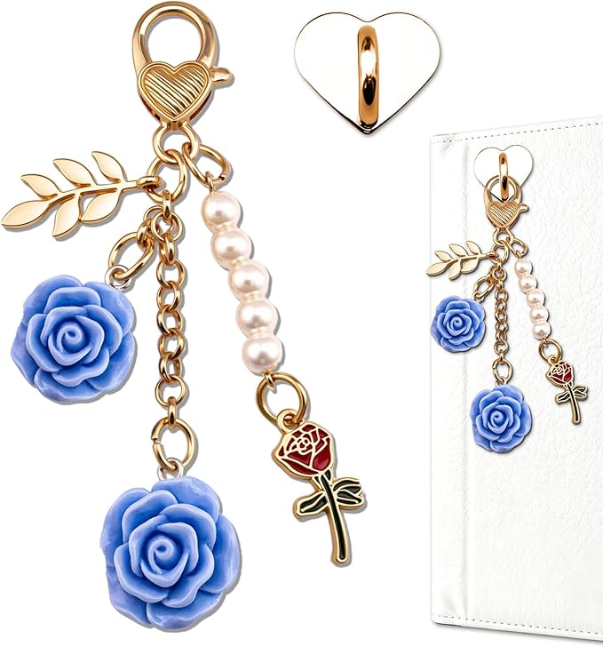 Rose Purse Charms Cute Flower Keychain With Heart Sticker Charm Chain For Kindle Colorful Bag Charms For Handbags