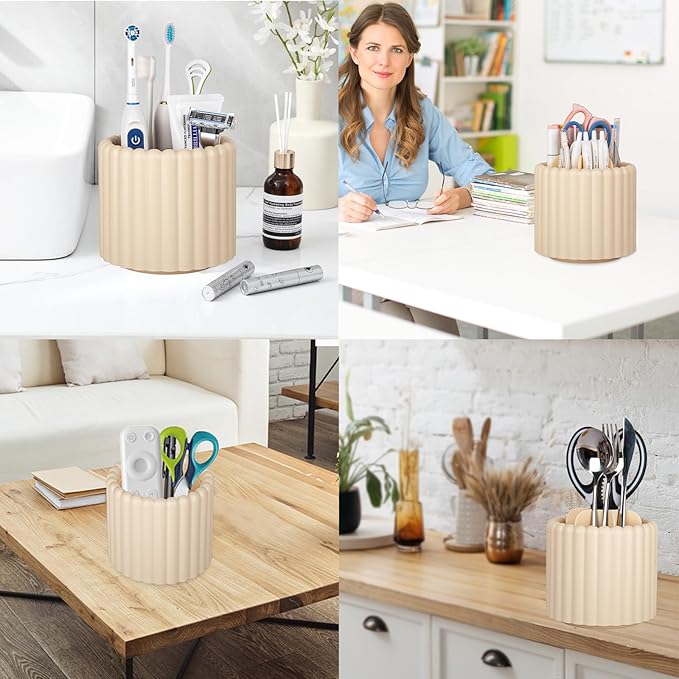 Anyoifax 360 Rotating Makeup Brush Holder 7 Slots Make Up Brush Organizer Removable Spinning Cosmetic Brushes Storage Pen Holder for Vanity, Dresser, Desk, Beige