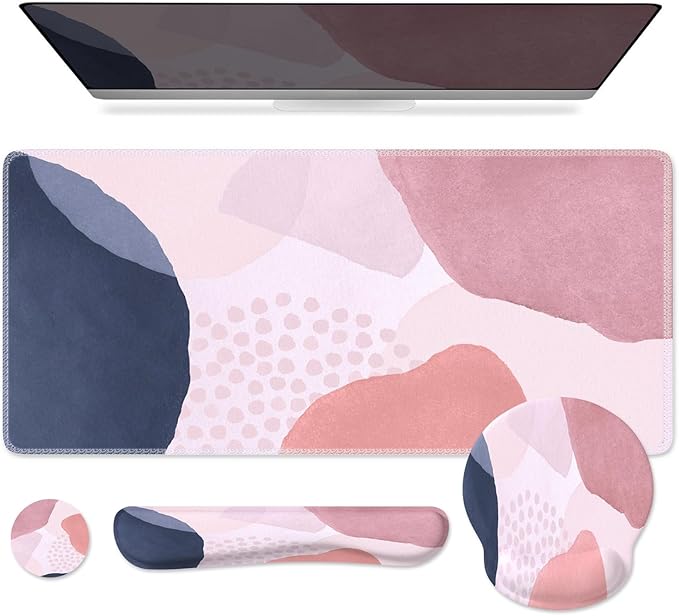 iCasso Desk Mat, Gaming Mouse Pad Wrist Support Set, XXL Large Mousepad + Keyboard Wrist Rest+Mouse Wrist Rest+Coastert with Ergonomic Design for Home Office Computer (C-Four-Pink-Block)