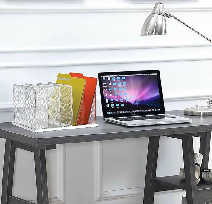 Kuntine.B Desk File Organizer Upright Mesh Desktop Organizer File Sorter Office Organization File Holder for Home, Office & Classroom (Silver, 1 Pack 5-Section)