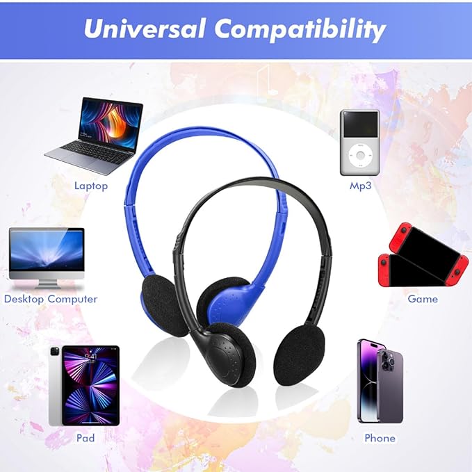 Xuhal 200 Pack Kids Headphones Bulk Classroom Headphones for Student with 3.5 mm Plug Wired On Ear for Church Christian Sunday School Library Children Teens Boys Girls Adults(Multicolor)