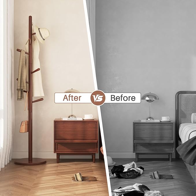 Uniclinens Coat Rack Freestanding Solid Wood Coat Tree Standing with 8 Hooks, Coat Rack Stand Creative Tree Branch-Look (Walnut)