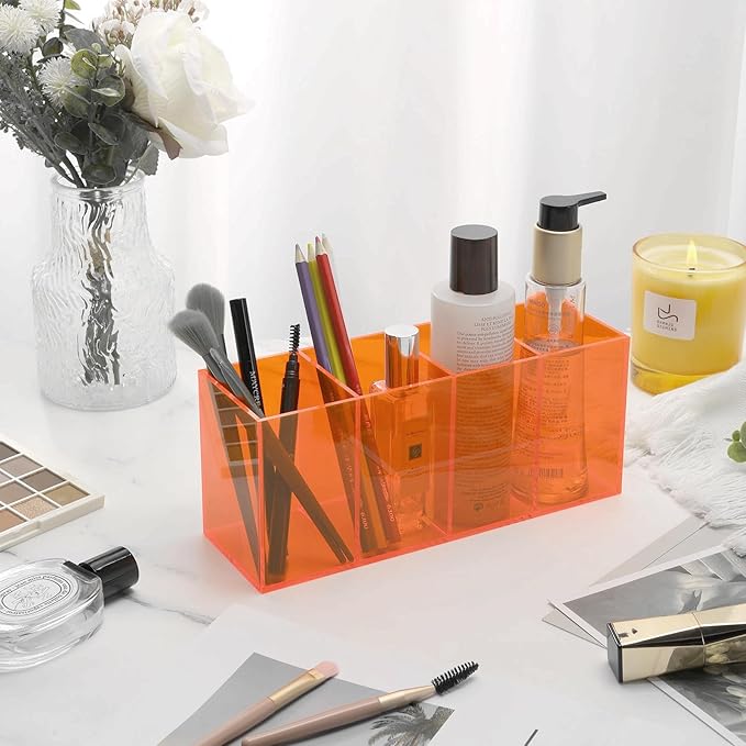 Pen Holder for Desk Neon Acrylic Pencil Holder Cup Makeup Brush Storage Organizer for Vanity, Neon Orange