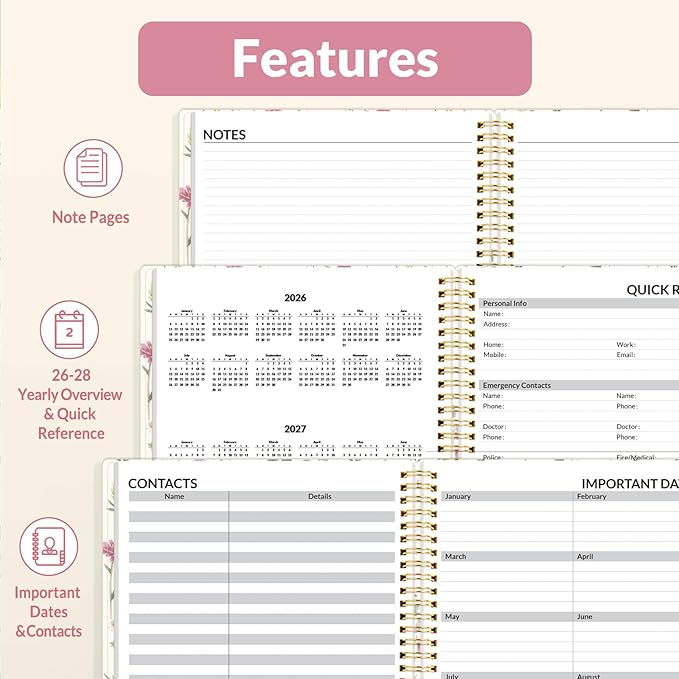 SUNEE 2026 Weekly and Monthly Planner - from January 2026 - December 2026, 8.5"x11" Daily Agenda Planner with Monthly Tab, Flexible Cover, Note Pages, Pockets, Bookmark, Spiral Binding, Wildflowers