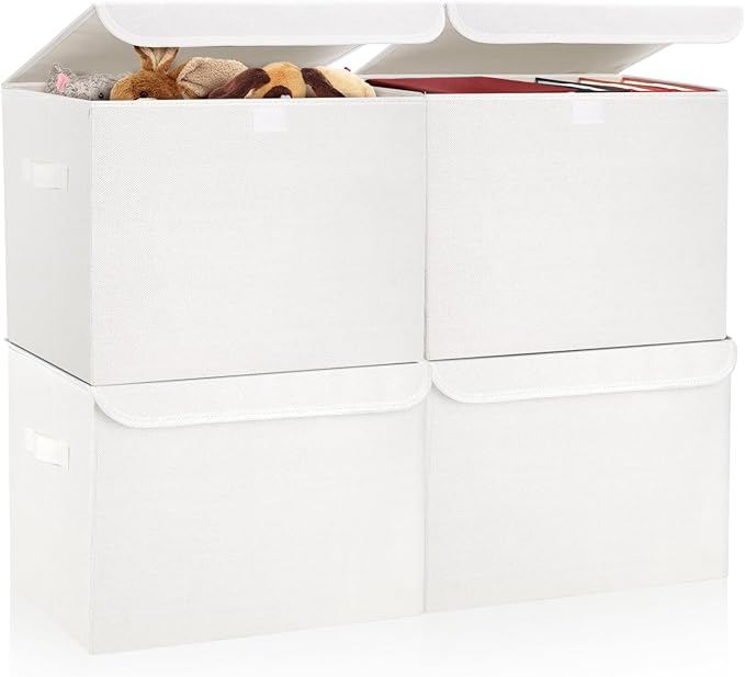 Large 22 Quart Linen Fabric Foldable Storage Bin Cube Organizer Basket with Flip-Top Lid & Handles, Clothes Blanket Box for Home, Office, Closet, White, 4 Pack 14.6 x 9.5 x 9.5”