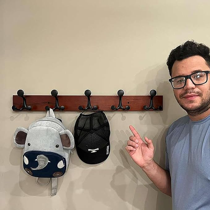 SKOLOO 30-Inch Cherry Wood Coat Rack Wall Mount with 5 Triple Hooks - Ideal for Family Entrances, Classrooms, and Pet Supplies Storage - Perfect Coat Hooks for Wall