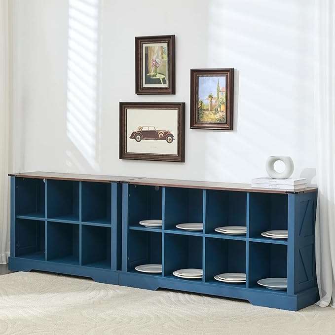 6 Cube Storage Organizer, 2 Tier Bookshelf for Living Room, Farmhouse Bookcase with Led, Kids Toy Storage Cabinet, Wall Cubby Shelves for Home Decor, Wood Display Cabinet for Bedroom, Blue