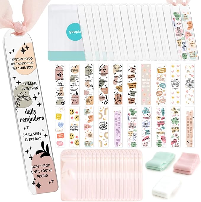 15 Pieces Acrylic Bookmark Blanks (3mm) Thicken Bookmark Making Kit with 20 Pcs Daily Affirmation UV DTF Sticker, 15 Pcs Ribbon, Suitable for DIY Your Crafts Gifts