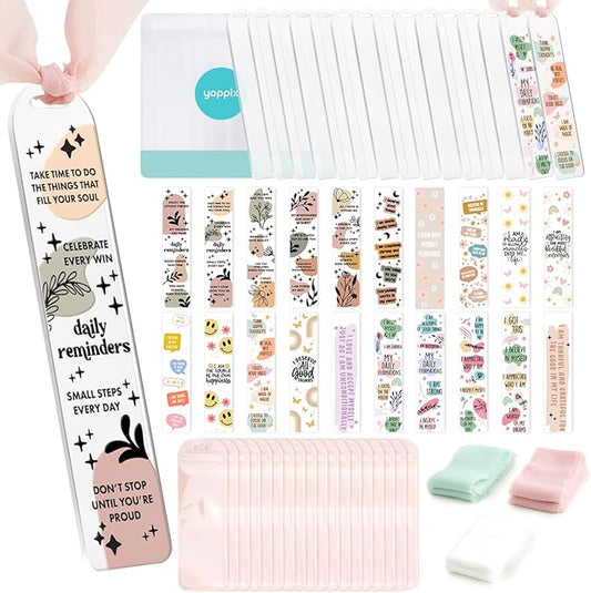 15 Pieces Acrylic Bookmark Blanks (3mm) Thicken Bookmark Making Kit with 20 Pcs Daily Affirmation UV DTF Sticker, 15 Pcs Ribbon, Suitable for DIY Your Crafts Gifts