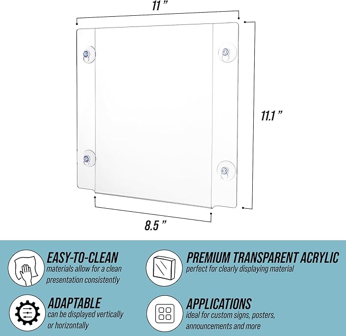 Adir Acrylic Sign Holder – Window Sign Holder with Suction Cups for Advertising and Promotion, Wall-Mount Display Frame, Clear Sign Holder Stand for Glass, Mall, Restaurants, Office - 2 pack (8.5x11 Inch)