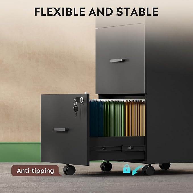 DEVAISE 3 Drawer Rolling File Cabinet with Lock, Wood Filing Cabinet fits Letter / A4 Size for Home Office, Black