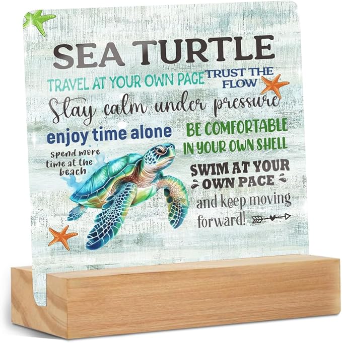 Sea Turtle Decor Desk Acrylic Sign 4x4 inch, Beach Decorations for Home Bedroom Bathroom, Inspirational Gifts for Women Men Coworkers, Mental Health Table Top Shelf Gadgets Cubicle Accessories