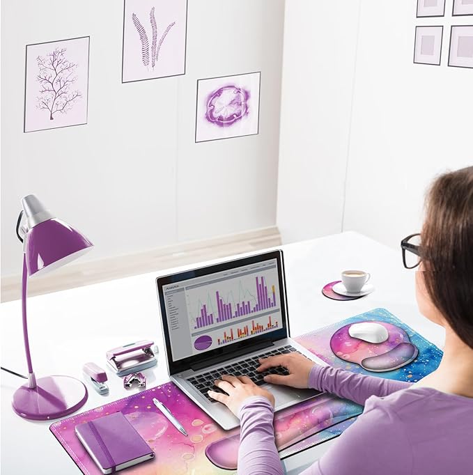 ARTSO Large Mouse Pad and Keyboard Wrist Rest, Ergonomic Mouse Pad with Wrist Support, Non-Slip Desk Mat Protector for Office, Home -Blue Pink Ink Marble