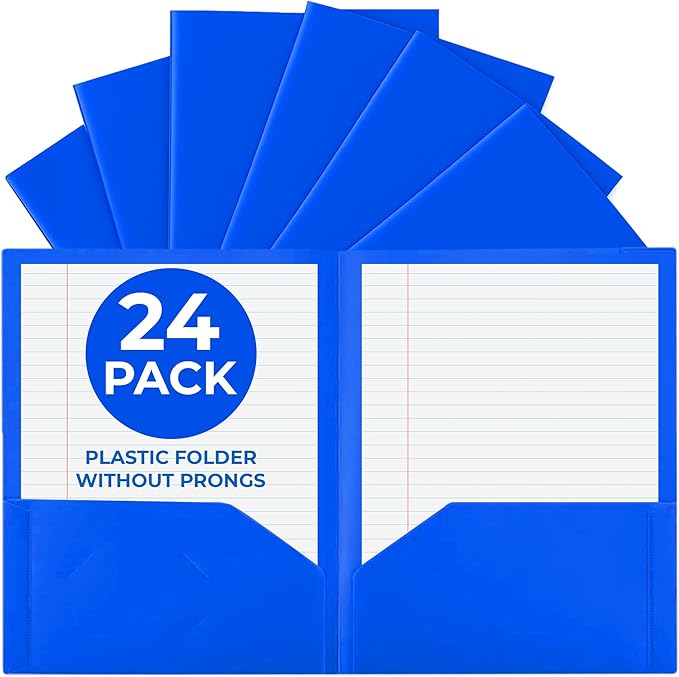 24 Pack Blue Plastic Folders with Pockets Heavy Duty. 2 Pocket Folder no Prongs Bulk. Tear-Resistant Letter Size 8.5x11. Presentation Ready School and Office Supplies