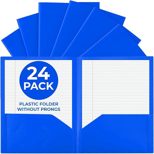 24 Pack Blue Plastic Folders with Pockets Heavy Duty. 2 Pocket Folder no Prongs Bulk. Tear-Resistant Letter Size 8.5x11. Presentation Ready School and Office Supplies