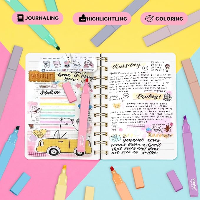 Vitoler 10Pcs Aesthetic Highlighters, Chisel Tip Marker Pens,Assorted Color Candy Highlighters,No Bleed Bible Highlighter,Cute Pastel Highlighter for Journaling Planner Notes School Supplies