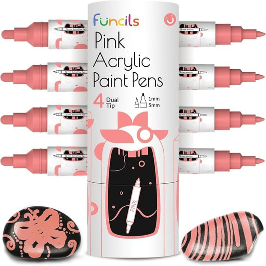 4 Dual Tip Pink Paint Pen Metallic - Fine Tip & Medium Acrylic Paint Markers - Pink Marker for Metal, Wood, Rock Painting, Canvas, Ceramic, Glass, Fabric, Leaf and Plastic - Water-based Ink